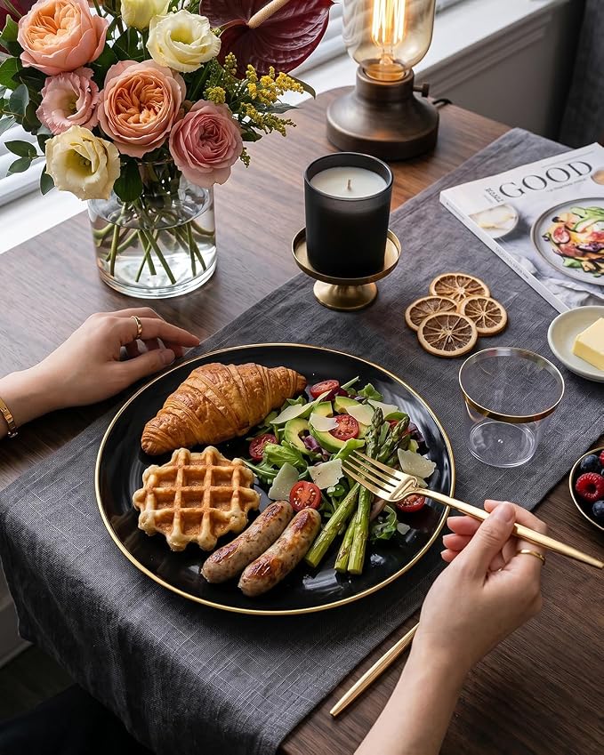 bUCLA 150PCS Black and Gold Plastic Plates - Black Gold Plastic Dinnerware Set Disposable - Include 25 Dinner / 25 Dessert Plates, 25 Knives, 25 Forks, 25 Spoons, 25 Cups, Ideal for Party & Graduation