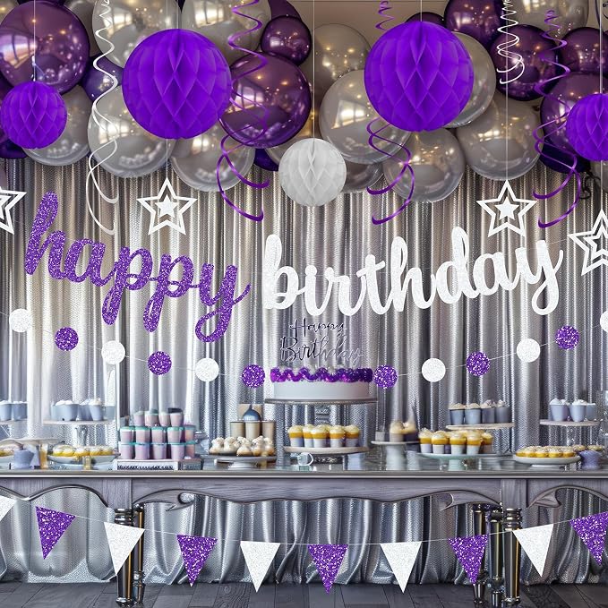 Purple and Silver Birthday Party Decorations Set - Happy Birthday Banner Balloons Foil Curtains Hanging Swirls for Women Girls Birthday Party Supplies