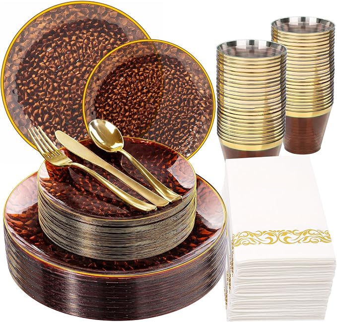 Rubtlamp 175 Pcs Plastic Dinnerware Set (25 Guests), Amber And Gold Plastic Plates, Hammered Party Plates Set Include Dinner Plates, Dessert Plates, Cups, Cutlery Set And Napkins for Wedding And Party