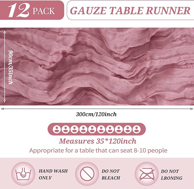12 Pack Cheesecloth Table Runner 35 x 120 inch Long Boho Cheese Cloth Gauze Table Runners Semi Sheer Table Runner for Wedding Decor, Bridal Shower, Birthday Party (Dusty Rose)