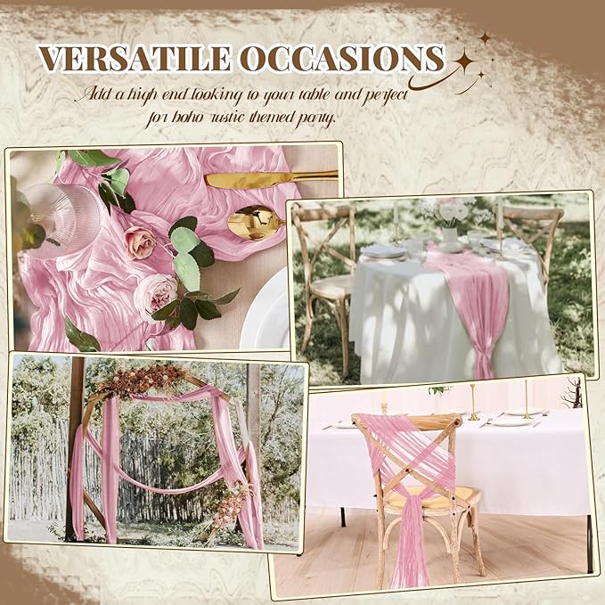 12 Pack Light Pink Cheesecloth Table Runner, Long Romantic Semi Sheer Rustic Boho Gauze Table Runners for Wedding Bridal Shower Birthday Party Decorations(17.7×108 Inch)