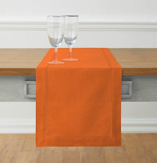 Solino Home Cotton Linen Pumpkin Table Runner 72 Inches Long - Hemstitch Table Runner 14 x 72 Inch for Dresser, Dining