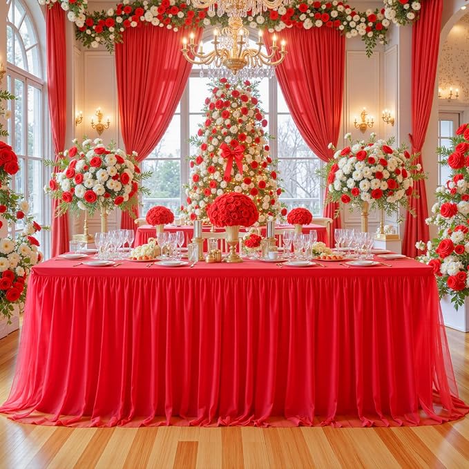Suppromo Red Tulle Tablecloth for 4 Foot Rectangular Tables, 48 x 24 Inch Red Rectangle Table Cloth, Wrinkle Free Table Cover with Tutu Skirt for Wedding Birthday Party Banquet Tablecover