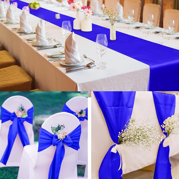 Aneco 4 Pack Satin Table Runner 12 x 108Inch Long Bright Silk and Smooth Fabric Party Table Runner for Wedding Banquet Party Decoration- Royal Blue