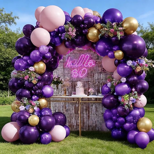 Purple and Gold Balloons Double Stuffed Royal Purple Pink Balloon Garland Kit with Artificial Flowers Balloon Arch for Baby Shower Aniversary Sweet 16, Bridal Shower and Birthday Decoration