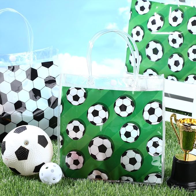 Supervitae 36 Pcs Soccer Clear Favor Bags with Handle Reusable Plastic PVC Sports Gift Bag Goodies Treats Totes for Birthday Wedding Summer Party Supplies, 8 x 8 x 3.15 Inch