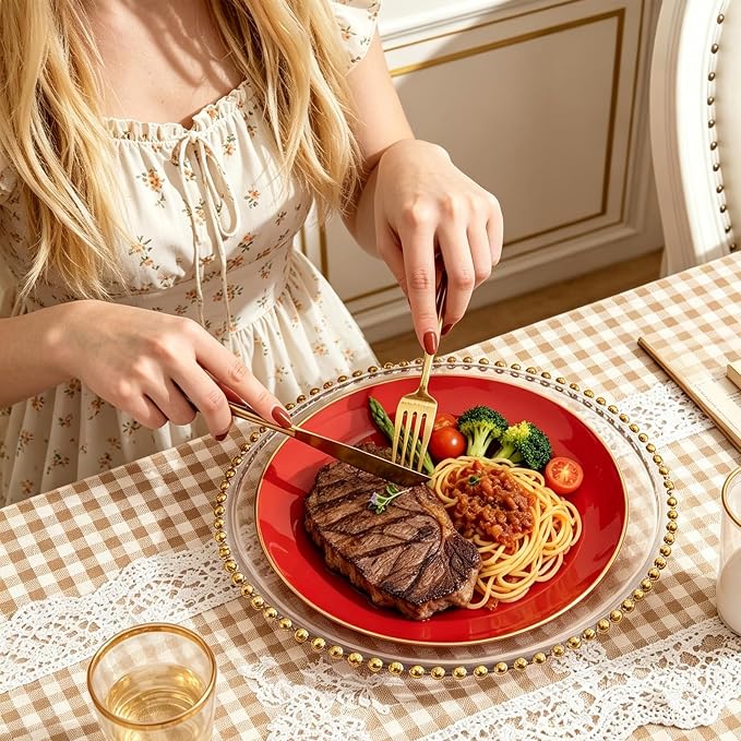 I00000 150Pcs Red Plastic Plates with Gold Rim,Fancy Plastic Plates,Nice Disposable Plates Set include 30 Dinner Plate,30 Dessert Plate, 90 plastic Silverware Set for Valentine's Day