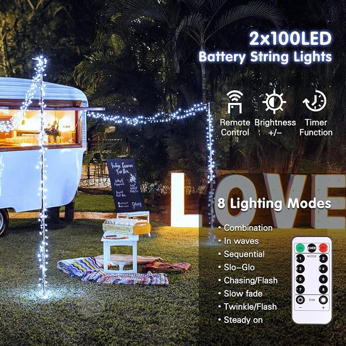 JMEXSUSS 2 Pack White Battery Operated String Lights, Each 33ft 100 LED Wedding Lights Outdoor Indoor, 8 Modes Christmas Lights with Remote Waterproof for Wedding Front Porch Yard House Room Decor