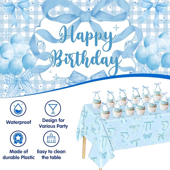 Blue Bow Birthday Decorations for Girls, Coquette Party Supplies with Gingham Backdrop, Tablecloth, Cake Toppers, Giant Foil Bow, Pastel Blue Balloon Arch Kit for Soft Girl Bday Photo Prop