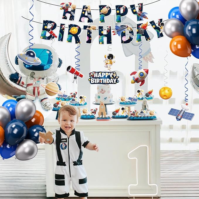 Space Themed Birthday Party Decorations Plates Set, All-In-One Outer Space Planet Party Plates Napkins Cups Forks Banner Hanging Swirls Cake Cupcake Toppers Tablecloth Balloons Kit