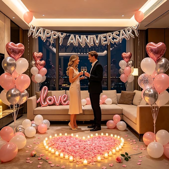 Pink Happy Anniversary Balloons Kit with Heart Shaped, Love Foil Balloons and 1000 Pieces Rose Petals for Valentine's Day Proposals Decorations (Pink - Happy Anniversary)