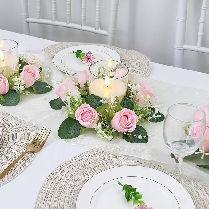 Pink Rose Candle Rings with Flameless Candles Sets - 12PCS Artificial Flower Eucalyptus Wedding Centerpiece 3 Inch Pillar Candleholders Wreaths for Wedding Party Decor (Pink - 6 Sets)
