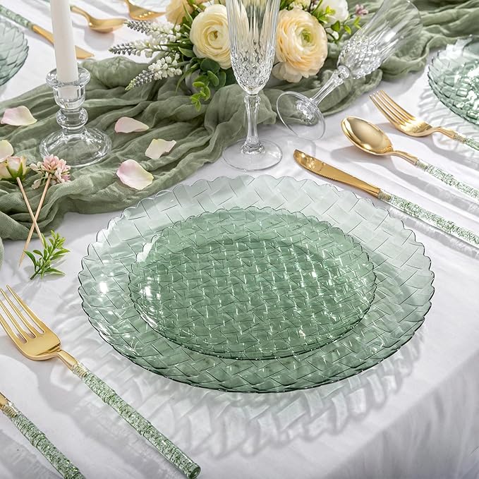 Festiva 60PCS Clear Sage Green Plastic Plates - Heavy Duty Weave Pattern Fancy Disposable Plates-serve for 30 guests Include 30PCS 10" & 30PCS 7" Plates for Wedding &Easter Party(Sage Green)