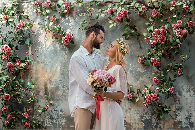 Baocicco 7x5ft Vinyl Old Floral Wall Photography Background Retro Texture Wall Grain Pink Rose Fairytale Birthday Backdrops Medieval Wedding Events Party Decorations Newborn Baby Shower Studio