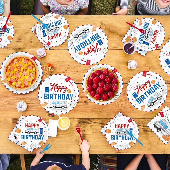 96 Pcs Mailman Party Supplies Red Blue Mail Happy Birthday Plates and Napkins Disposable Mail Truck Mailbox Tableware Set for Postal Worker Birthday Party Decorations Serves 24