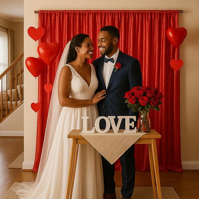 PartyDelight Red Sequin Backdrop Curtains 2x8ft 4 Panels | 3mm stitched sequin curtain with 4 inch rod pocket for 2x8ft 4 panel fuller wall coverage pleated backdrop and 8ft stand