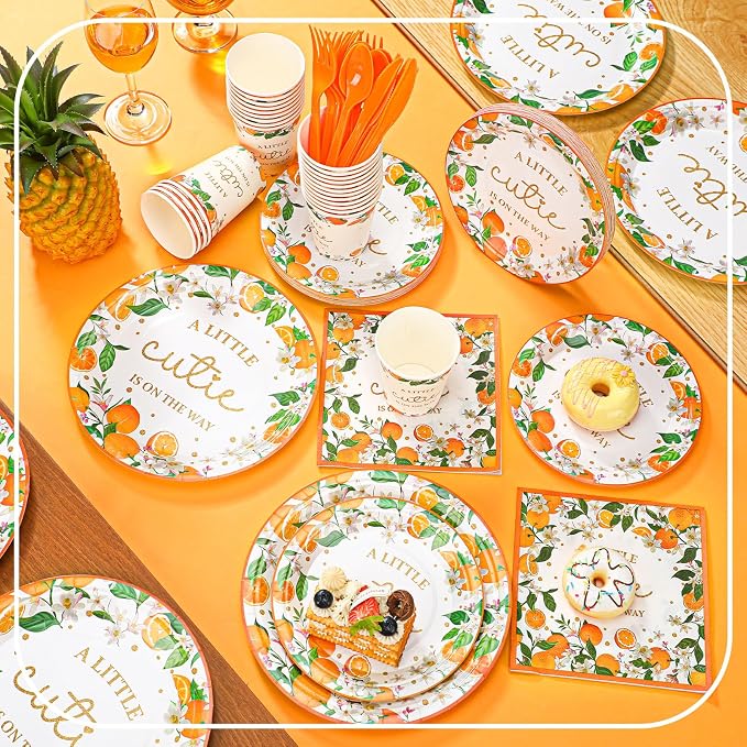 350 Pcs Little Cutie Baby Shower Decorations a Little Cutie Is on The Way Tableware Set, Plates Napkins Cups Dessert Forks Disposable Supplies for 50 Guests, Cute Orange Party Decoration