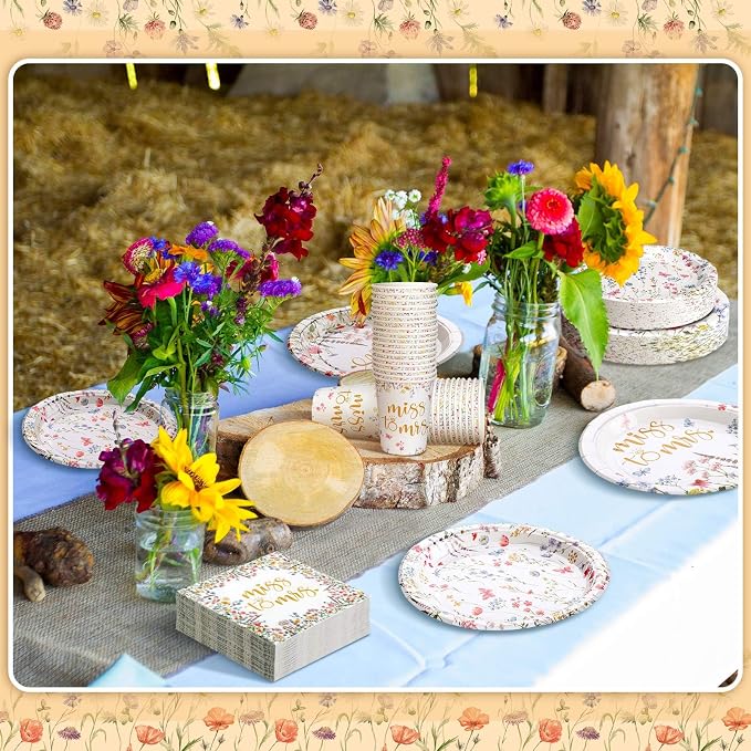 Zhehao 250 Pcs Bridal Shower Plates Napkins Sets 50 Pcs Floral 9'' Dinner Plates and 7'' Dessert Plate and 9oz Cups 100 Napkins Serves 50 Bridal Shower Wildflower Wedding Tableware Set