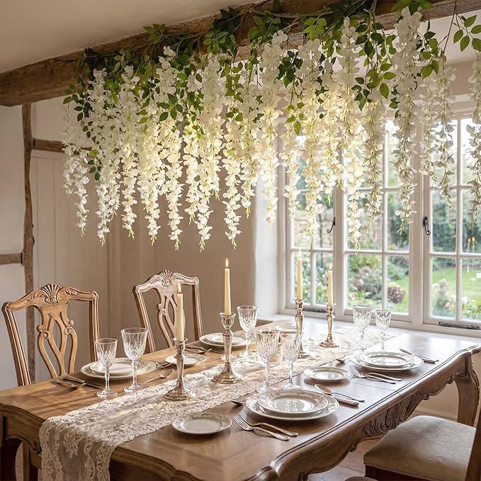 Suncalla 24 Pcs Wisteria Hanging Flowers Vines Fake Hanging Flowers Garland Artificial Wisteria Vines for Wedding Arch Party Home and Garden Decor Table Backdrop (White)