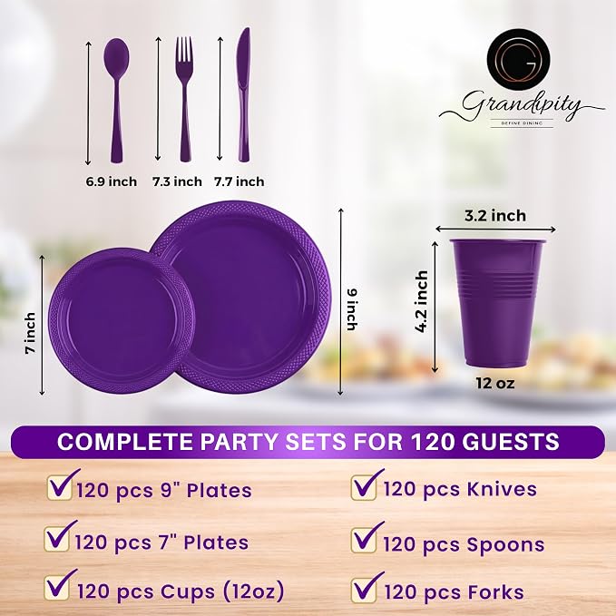 Grandipity 720 Piece Disposable Dinnerware Set, Plastic Dinnerware Set Includes 120 Count 9' Dinner Plates, 7' Dessert Plates, 12oz Cups, Forks, Knives & Spoons - Purple