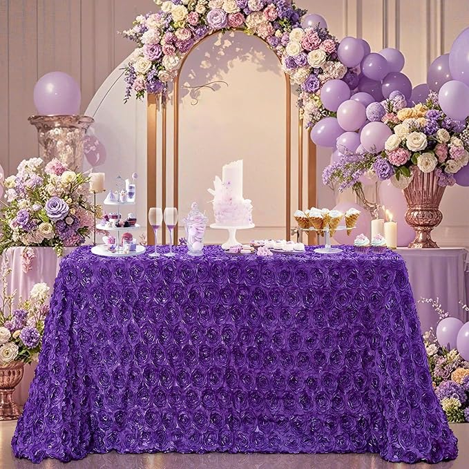 B-COOL Rosette Tablecloth 90x132 Inch Purple Rectangle Rose Wedding Tablecloth 3D Floral Satin Tablecloths for Ceremony Engagement Party Prom Table Decorations