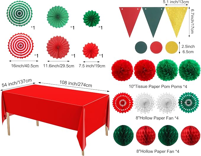 Fullhawl 27 Pcs Mexican Party Decoration, 6 Pack Disposable Tablecloth 21 Pcs Hanging Paper Fans, Pom Poms Flowers, Garland String Polka Dot and Triangle Flag Set for Birthday, Wedding, Carnival