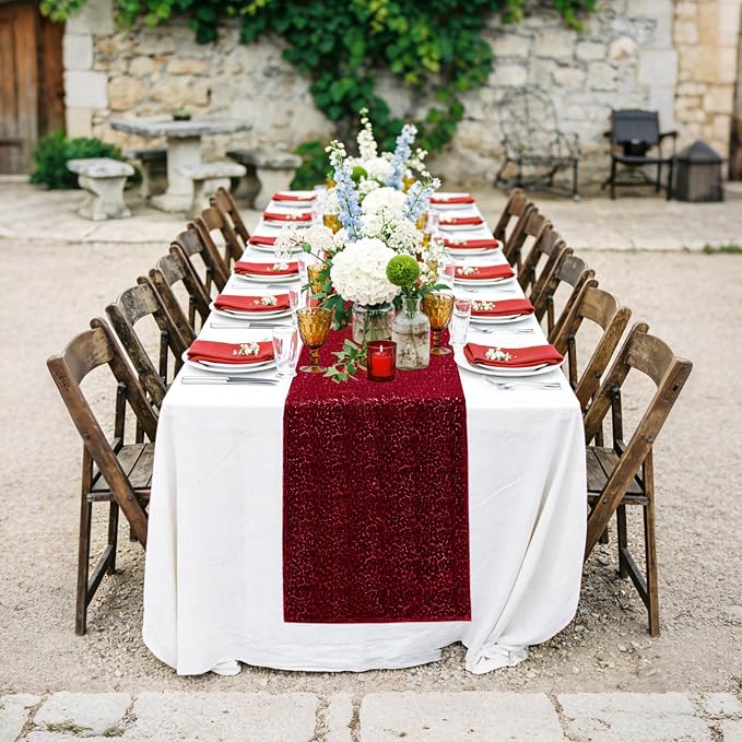 10 Packs 12 x 72 inches Sequin Table Runner, Burgundy Glitter Table Runner for Birthday Party Supplies Wedding Engagement Baby Shower Holiday Celebration Event Decorations