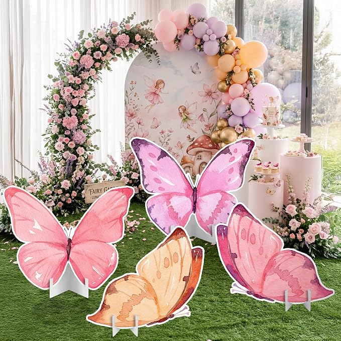 Honoson 4 Pcs Large 20" x 30" Fairy Butterfly Cardboard Cutouts Backdrop, Fairy Birthday Party Decoration Standing Butterfly Props for Spring Garden Outdoor Lawn Yard Signs Baby Shower Supplies