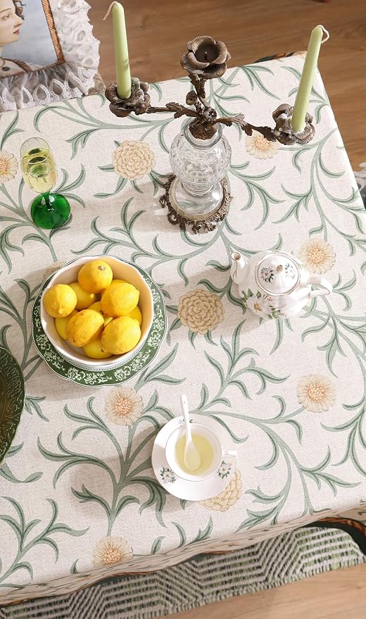 patdrea Vintage French Linen Tablecloth,Rectangular,94"x63"-Botticelli | Elegant Large Table Cloth for Rectangle Table,Sage Green Floral Vine Patterned,for Dining Room Tea Party Thanksgiving
