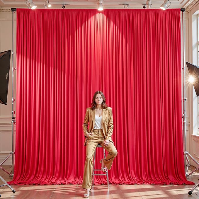 2 Panels Red Backdrop Curtains - Wrinkle Free Fabric Backdrop Curtain for Photoshoot, 10FT Wedding Party Photo Backdrop Drapes for Birthday Baby Shower Photography Stage Background Decorations