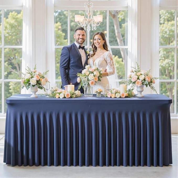 gogoparti 4 Pack Spandex Navy Blue Fitted Table Cloth for 8ft Rectangle Tables Navy Blue Stretch Tablecloth Banquet Table Covers Skirt Wrinkle Free Tablecloths for Parties Wedding