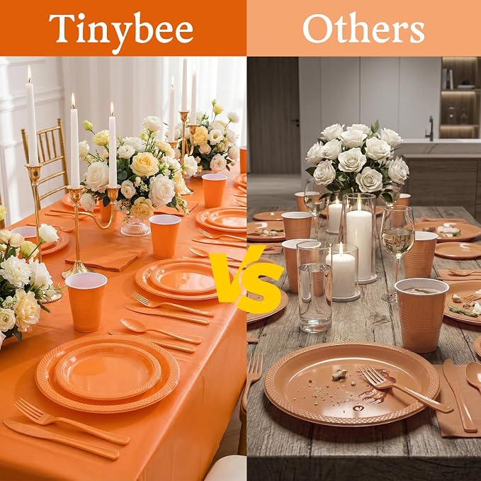 352 Pcs Orange Plastic Plates Party Set, 50 Guests Disposable Dinnerware Set with Orange Tablecloths, Vibrant Orange Plastic Plates Party Set for Birthday/Halloween/Fall Party/Fiesta
