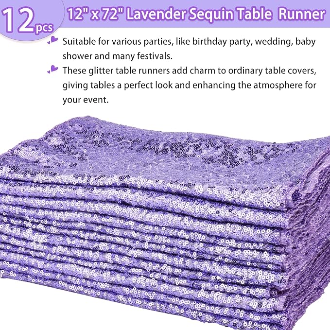 12 Packs Sequin Table Runner Glitter Dining Table Runner for Birthday Wedding Engagement Bridal Baby Shower Bachelorette Holiday Celebration Party Supplies Decorations (12" x 72", Lavender)