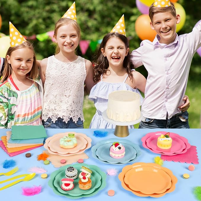350 Pcs Candy Colors Party Plates and Napkins Party Supplies - Colorful Birthday Decoration Include Candy Colors Scalloped Plate Napkin Cup & Cutlery for Baby Shower, Wedding, Birthday, Bridal Shower