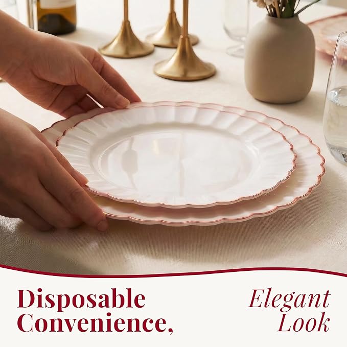 By Madee HEAVYWEIGHT 60 Pc Ivory Scalloped Plastic Plates with Rose Gold Trim | 30 Dinner & 30 Dessert Fancy Disposable Plates | Perfect for Weddings Bridal Showers or Any Special Moments (30 Guests)