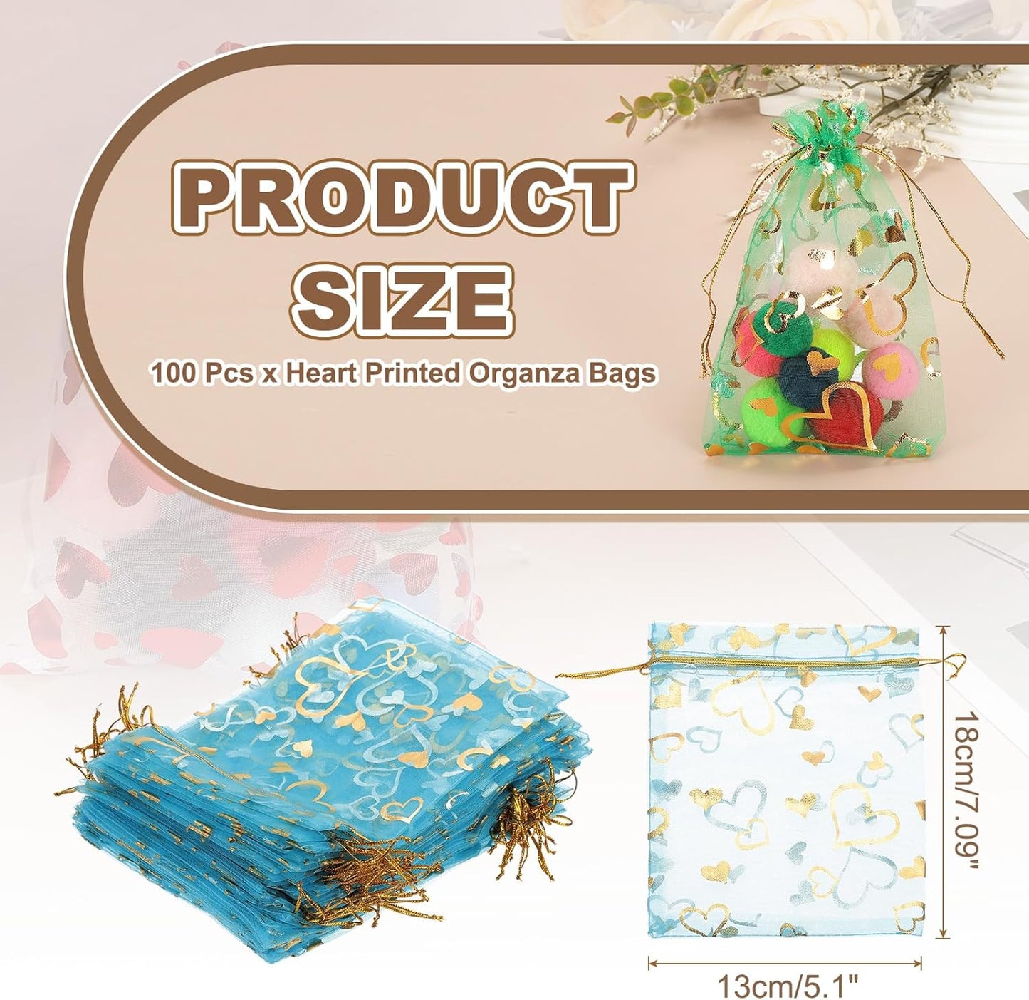 PATIKIL 100 Pcs 5x7 Inch Heart Printed Organza Bags, Lake Blue Sheer Heart Organza Bags with Drawstring for Christmas Candy Jewelry Party Wedding Favor Gift