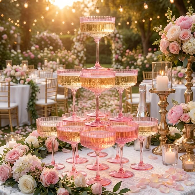 LIYH 20pcs Pink Martini Glasses 10 Oz Martini Glasses Plastic Disposable Pink Coupe Glasses Plastic Champagne Tower Disposable Martini Cups Perfect for Any Party,Bar,Cocktail,Beverage,Party