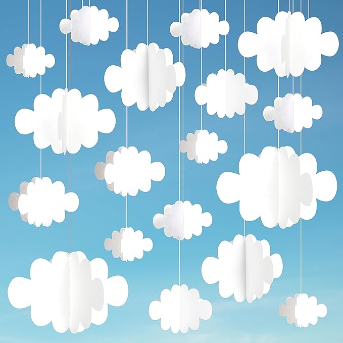 Ayfjovs 18 PCS 3D Cloud Decoration, Artificial Hanging Clouds for Ceiling, White Felt Ornaments for Art Stage, Wedding, Nursery, Children's Room, Baby Baptism Party