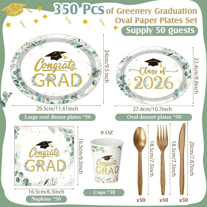Pajean 350 Pcs Class of 2026 Greenery Graduation Party Decorations 12 inch Disposable Sage Green Leaves Oval Plates Napkins Green Heavy Duty Paper Tableware Set for 50 Guests Grad Party Supplies