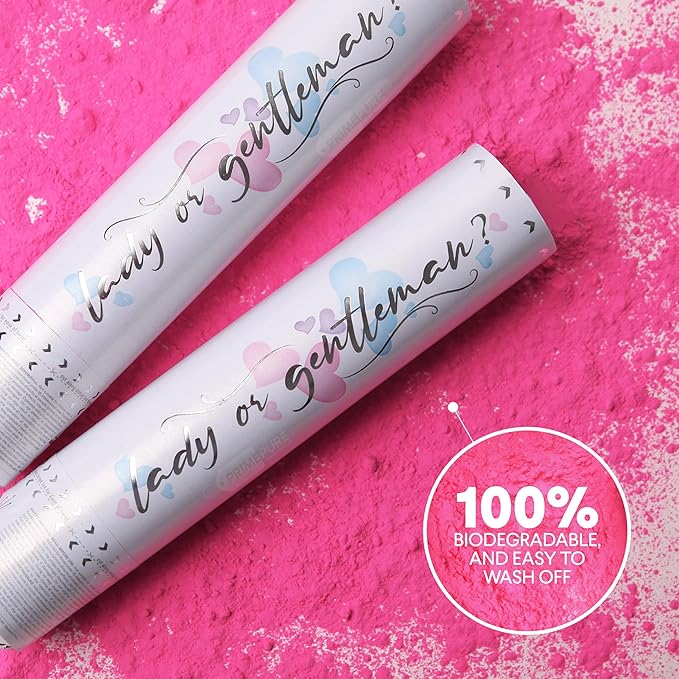 PrimePure Gender Reveal Confetti Cannon - Biodegradable Powder Cannon - Pink, 2 Pack - Baby Girl Gender Reveal Smoke Bomb - Pink Baby Powder Party Poppers Confetti Shooters
