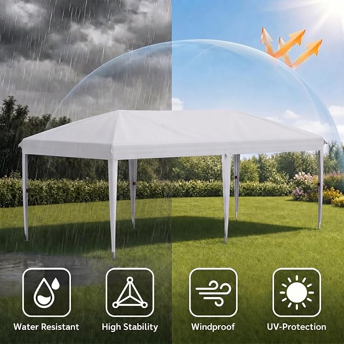 10x20 FT Portable Pop Up Canopy Tent with Sandbags, Adjustable Height Instant Gazebo Without Sidewalls,Waterproof Outdoor Canopy for Camping, Parties, Vendor Events (White, 3m × 6m Without sidewalls)