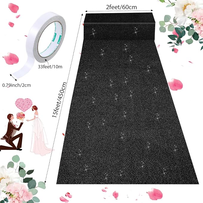 Shihanee Sequin Aisle Runner for Wedding Glitter Rug with Carpet Tape Sparkly Prom Outdoor Floor Birthday Carpet Runner for Ceremony Event Graduation Party(2 x 15 ft,Black)