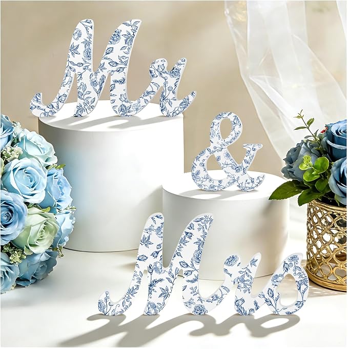 Mr & Mrs Sign for Wedding Table Blue Floral Wedding Decorations for Reception Rustic Wooden Freestanding Letters Table Centerpieces Wooden Photo Booth Props for Wedding Bridal Anniversary Supplies