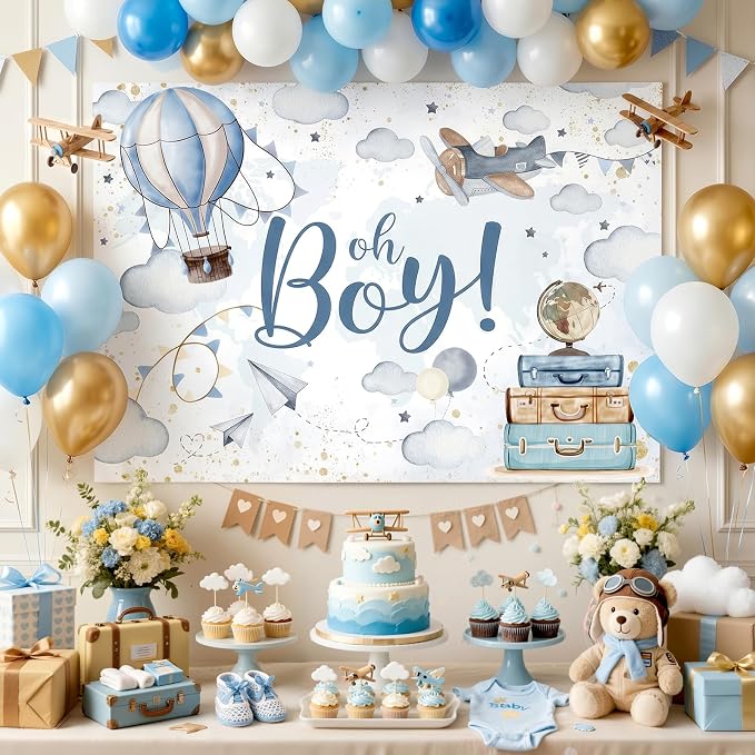 Lofaris 6x4ft Oh Boy Baby Shower Backdrop for Kids Boy Party Decoration Cloud Hot Balloon Adventure Begins Travel Around The World Airplane Up Up and Away Photography Background Banner Photo Booth