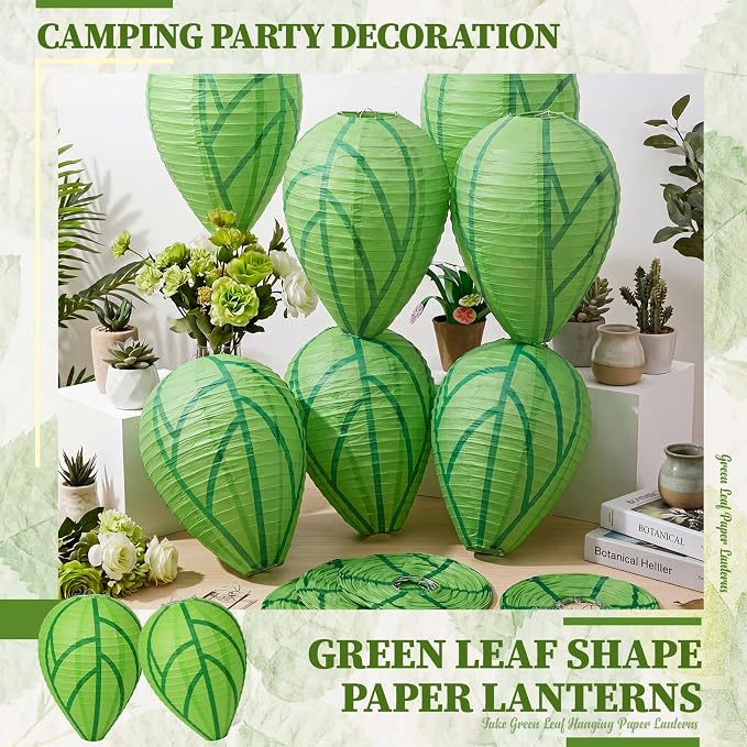 Zhengmy 12 Pack Nature Forest Classroom Decor Green Leaf Hanging Paper Lanterns Back to School Art Ceiling Hanging Decorations Paper Lanterns for School Vbs Vacation Camping Party Favors