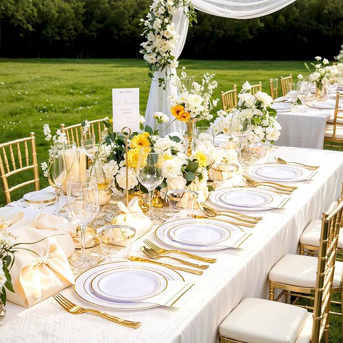 GATHER 176 Pieces Gold Dinnerware Disposable - White and Gold Plastic Plates Includes 50 Plates, 25 Plastic Silverware, 25 Napkins, 25 Cups and 1 Tablecloth for Wedding Party