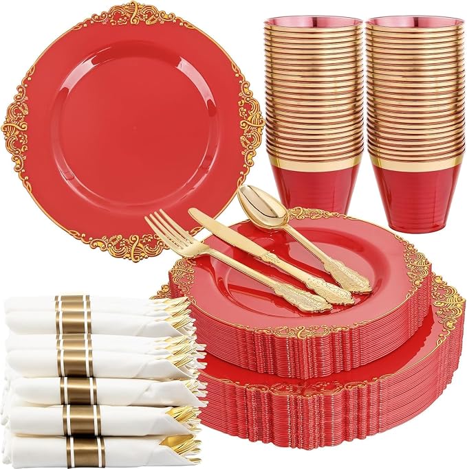 Nervure 175PCS Red Plastic Plates - Disposable Red Gold Party Plates & Pre Rolled Napkins with Cutlery for 25 Guests, 50Plates, 75Silverware, 25Cups, 25Napkin for Wedding & Party