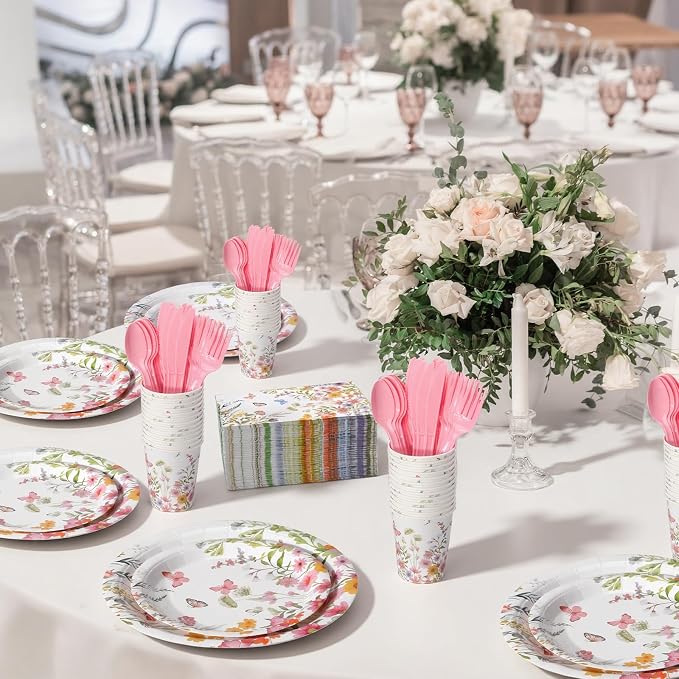 Sinmoe 400 Pcs Pink Floral Plates and Napkins Set Paper Spring Butterfly Wildflower Dinnerware Disposable Party Supplies for 50 Guest Flower Dinnerware Knife Fork Spoon for Spring Birthday Baby Shower