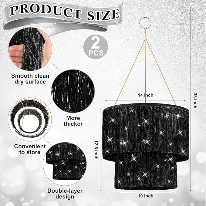 Novabright 2 Pcs 2 Tier Fringe Tinsel Chandelier Foil Iridescent Tassels Trim Shiny Hanging Disco Ball Ceiling Decor for Wedding Anniversaries Birthday 1920s Themed Party(Black)