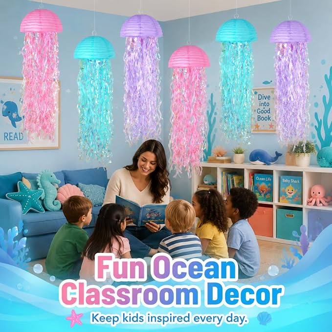 6-Pack Jellyfish Paper Lanterns with Shiny Ribbons, Pink Blue Purple Under The Sea Party Decorations, Mermaid Birthday Decorations for Girls, Ocean Themed Pool Party